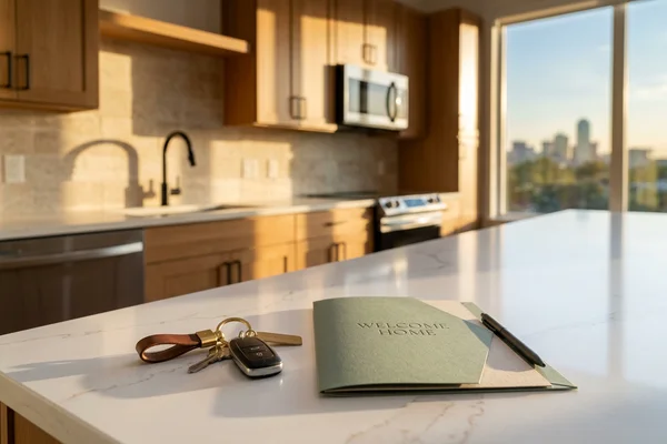 Keys and welcome packet on a new counter