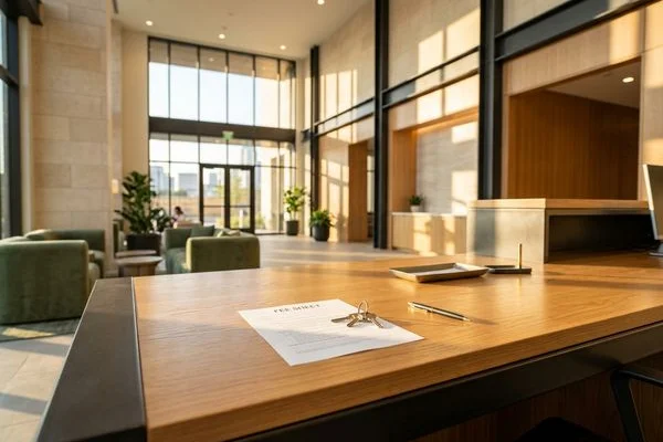 Printed fee sheet and keys on a new leasing office desk