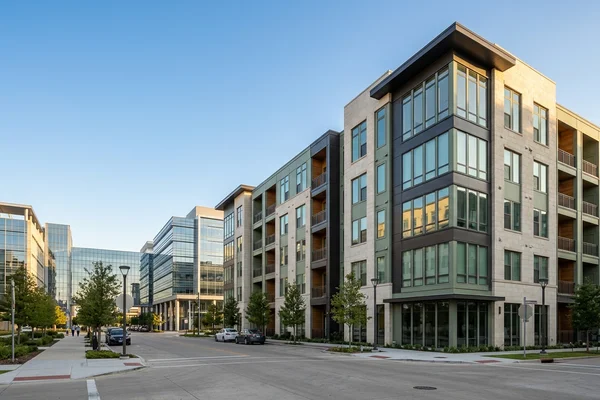 Medical district campus with a new apartment building nearby