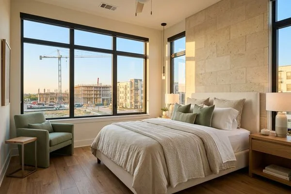 Bedroom in a new apartment overlooking more construction