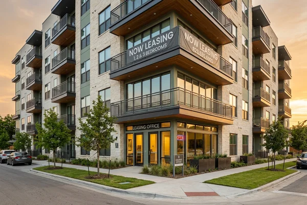Now leasing banner on a new mid-rise building