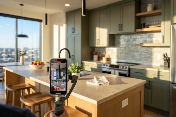 Phone filming a new kitchen during a live video walk