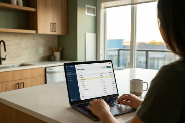 Rent ledger on a laptop showing a concession credit