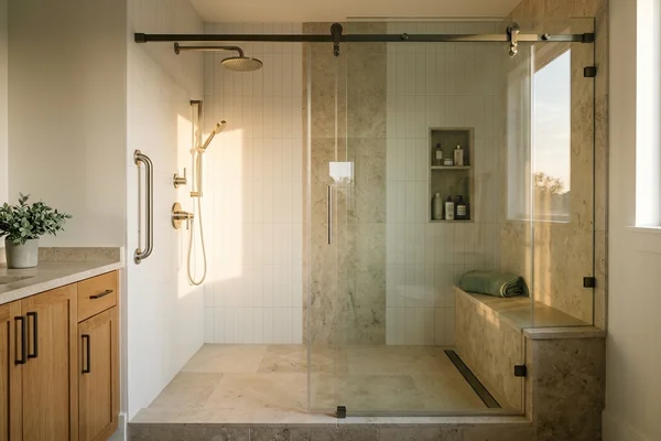 Walk-in shower with grab bar in a new bathroom