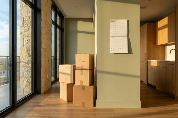 Calendar beside packed moving boxes