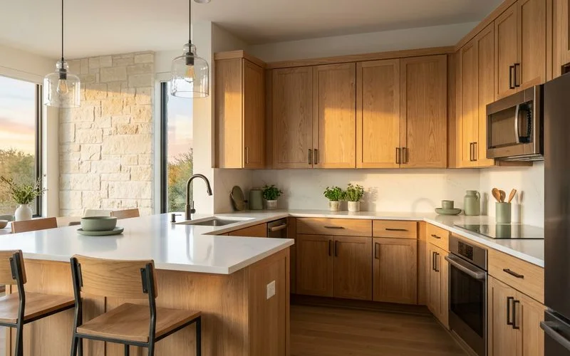 Brand-new apartment kitchen with oak cabinets and quartz counters