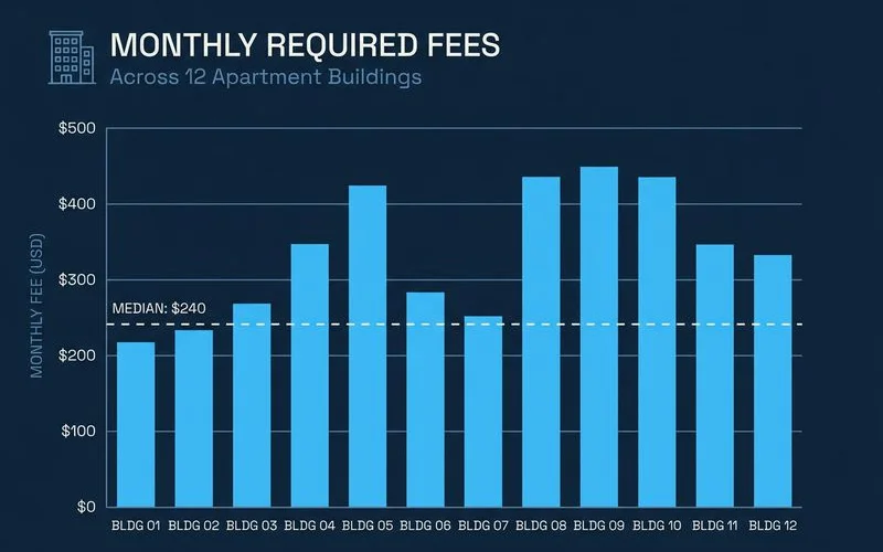 Bar chart of monthly required fees across 12 buildings with a median line
