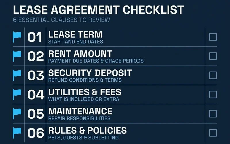 Checklist graphic of six lease clauses with flag icons