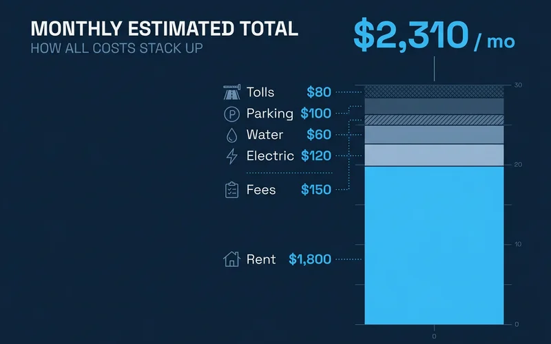 Infographic stacking rent, fees, electric, water, parking and tolls into one monthly total