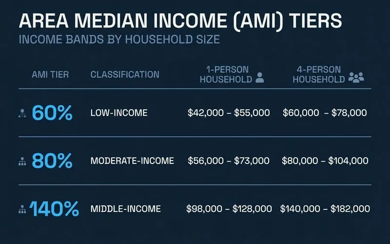 Table graphic of 60, 80 and 140 percent AMI tiers with income bands