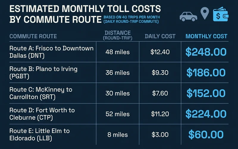 Table graphic of monthly toll costs by route