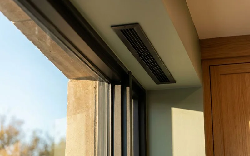 Close-up of a new window frame and HVAC vent being checked