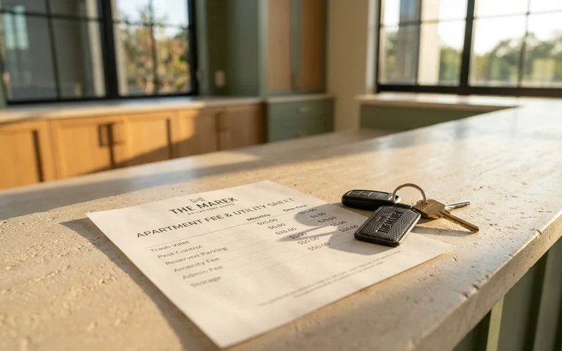 Printed fee sheet on a stone counter beside keys