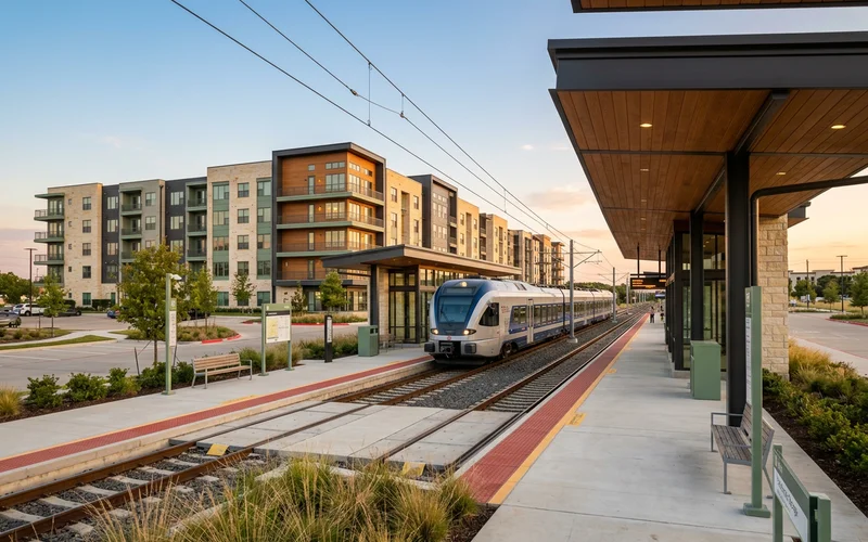 Commuter train arriving at a suburban station near new apartments