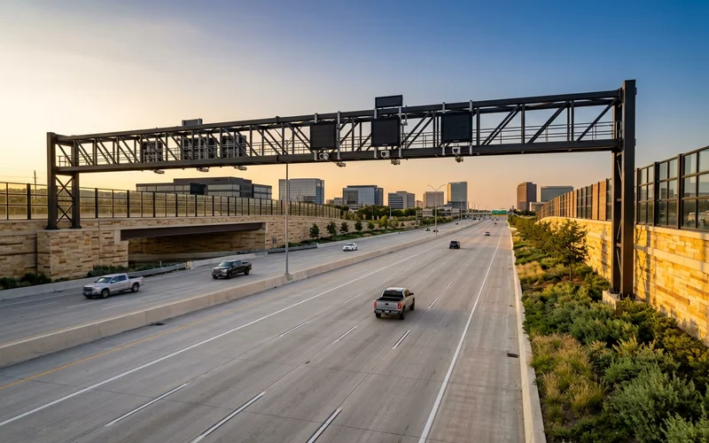 Dallas North Tollway gantry at golden hour