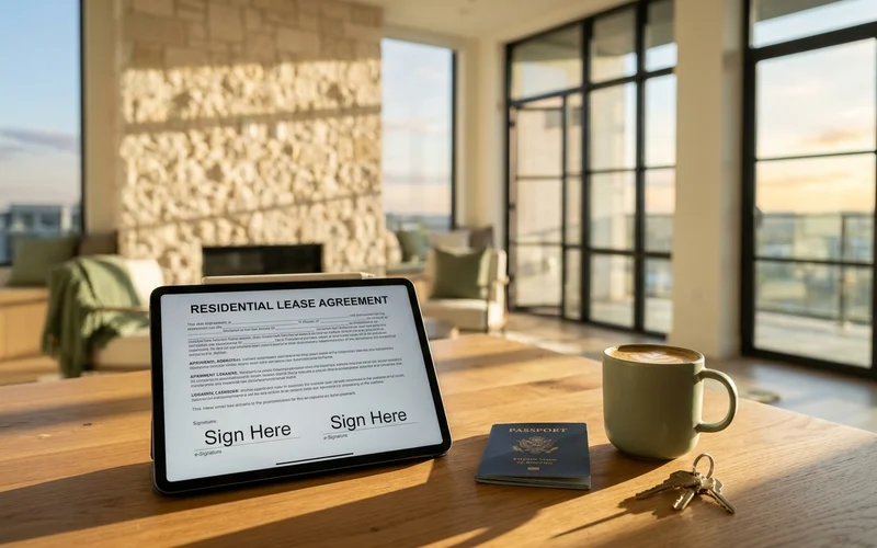 E-signature lease on a tablet beside a passport