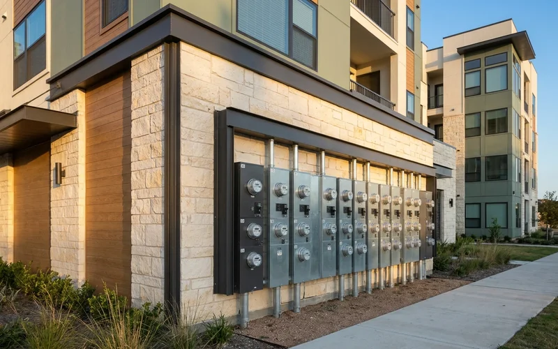Electric meter bank on a new apartment building wall