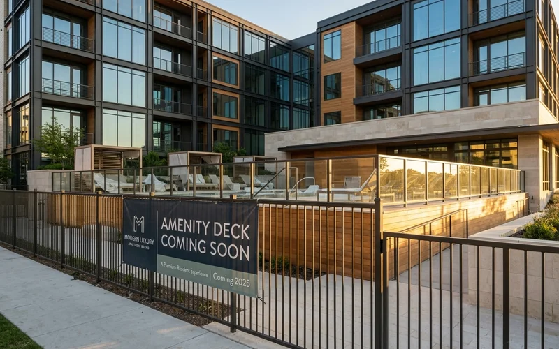 Fenced-off amenity deck with a coming soon sign