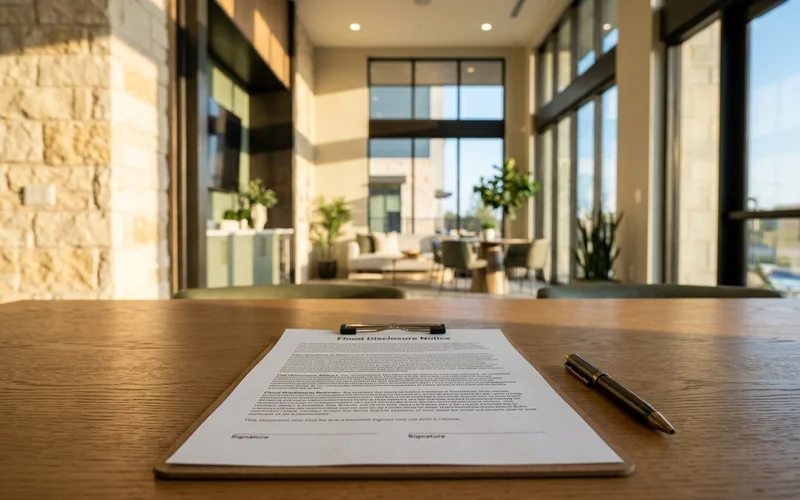 Flood disclosure notice with two signature lines on a leasing desk
