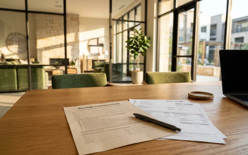Income certification form on a leasing office desk
