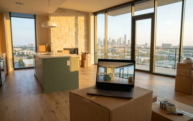 Laptop showing a live video tour of a new apartment