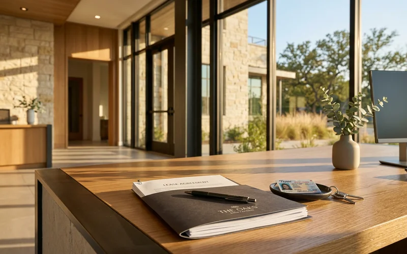 Leasing desk with ID and a lease packet at a new community