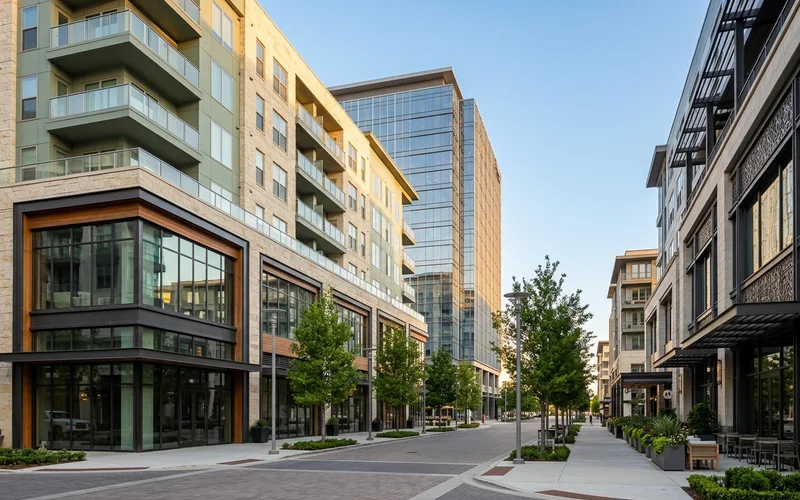 Legacy West streetscape with office towers and new apartments