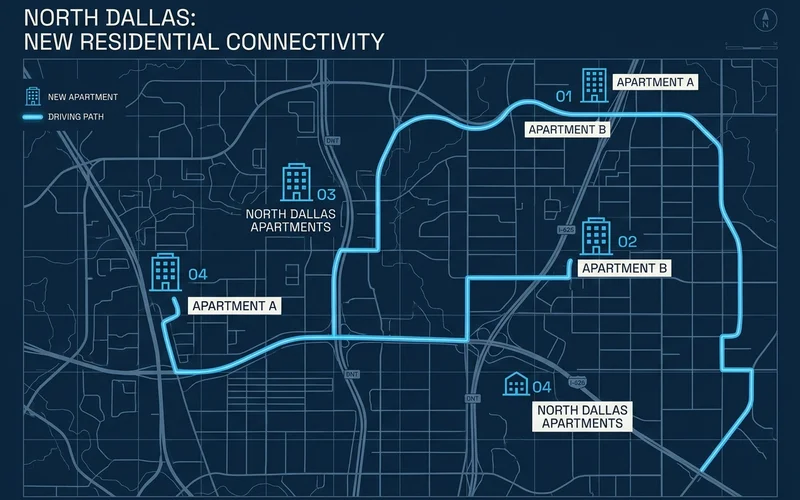 Map with four buildings connected by a routed driving path