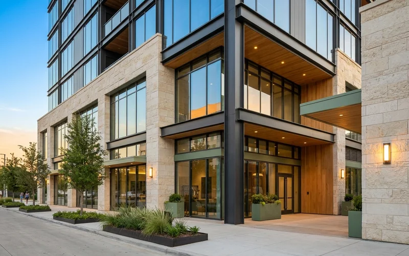 Modern Dallas mid-rise facade of limestone, glass and dark steel in evening sun