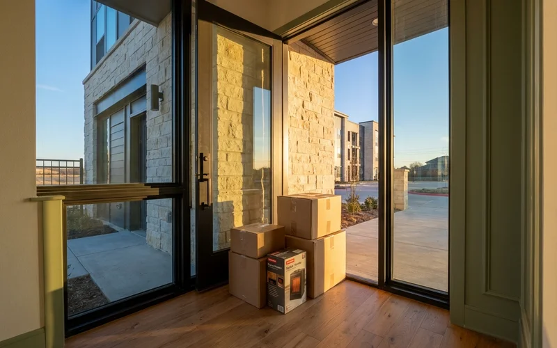 Moving boxes in a new apartment entry in winter
