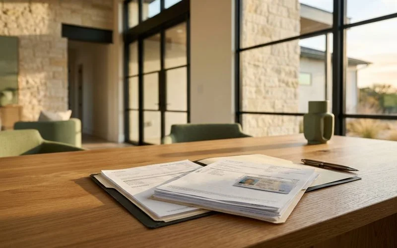 Pay stubs, bank statements and ID in a folder on an oak desk