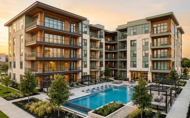 New mid-rise apartment building with courtyard pool