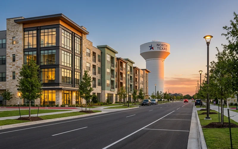 New water tower and streets in a growing North Texas suburb