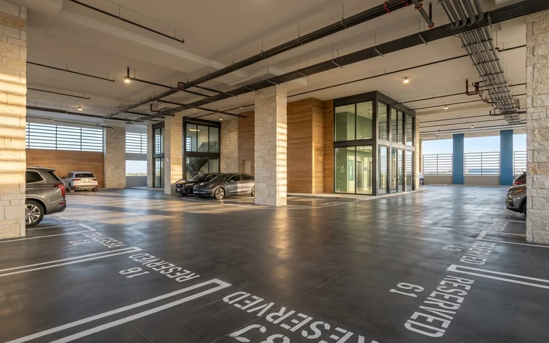 Parking garage level with reserved spaces in a new building