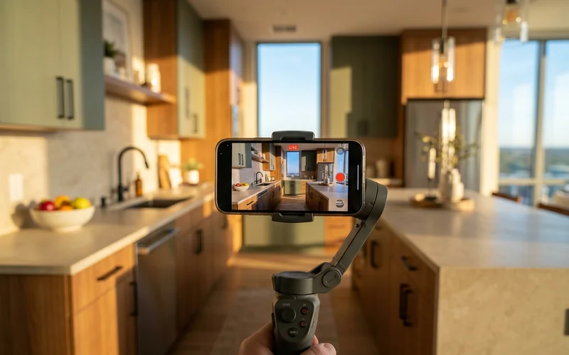 Phone on a gimbal filming a new kitchen during a live video tour
