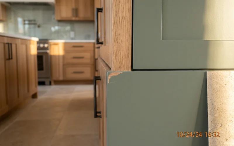 Phone photo of a small scuff on new cabinet trim for a move-in form