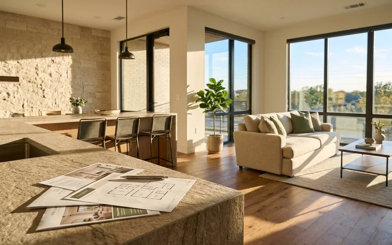 Pre-leasing model unit with floor plans on the counter