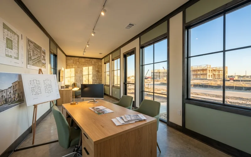 Pre-leasing office with floor plan boards