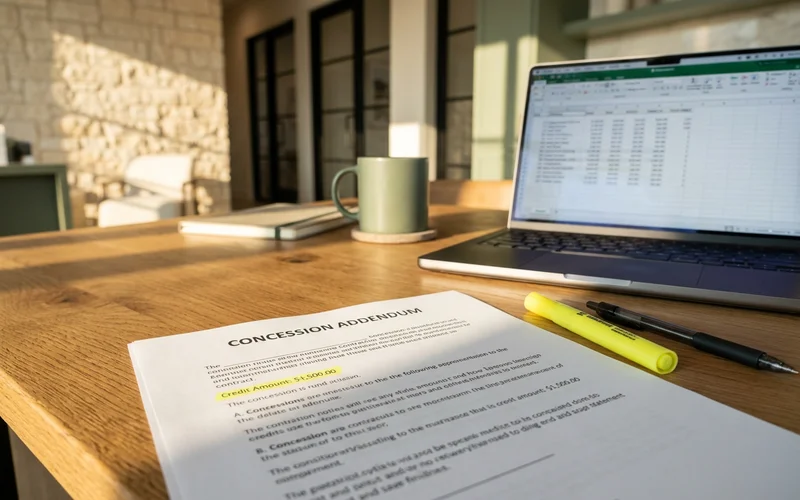 Printed concession addendum next to a ledger on screen