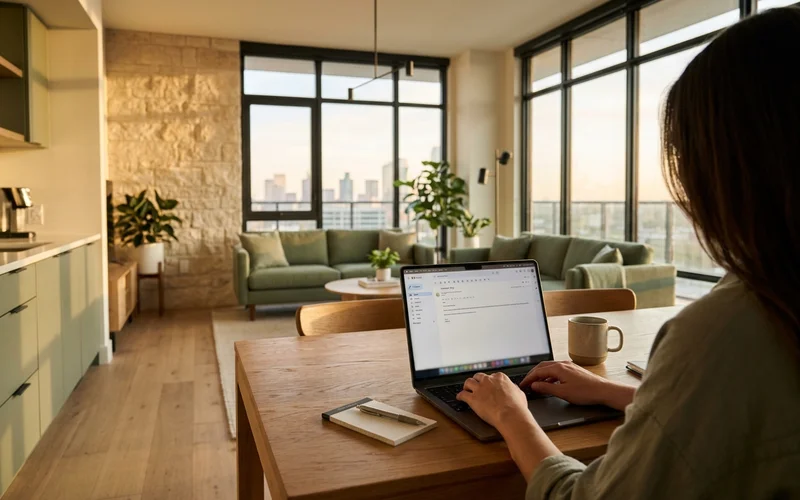 Writing a renewal reply on a laptop in a new apartment