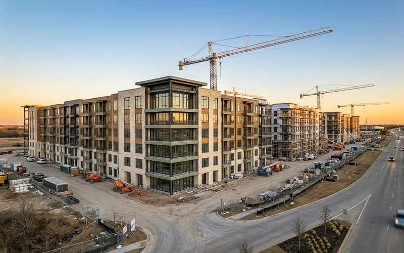 Several new apartment buildings under construction along a highway