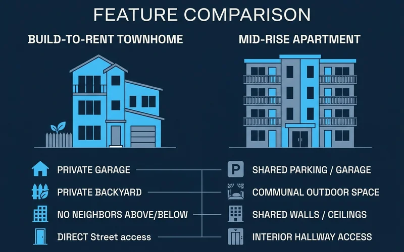 Side-by-side comparison of BTR townhome and mid-rise apartment features
