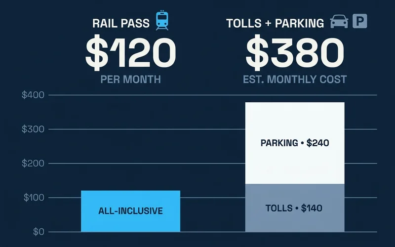 Side-by-side cost graphic: rail pass vs tolls plus parking
