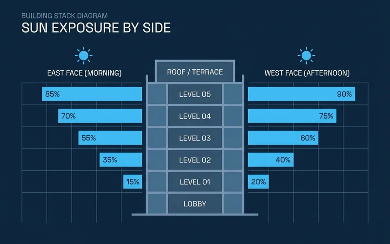 Building stack diagram showing floors and sun exposure