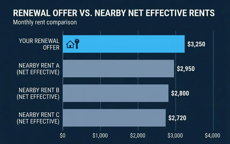 Chart comparing a renewal offer to three nearby net effective rents