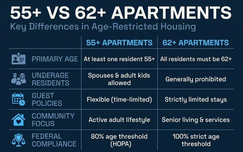 Comparison table graphic of 55+ and 62+ rules