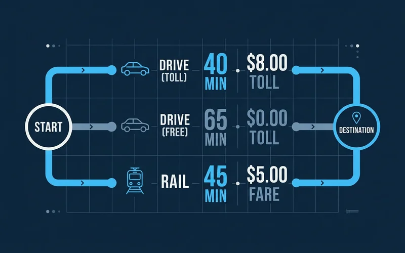 Decision flow graphic: destination, drive time, tolls, rail