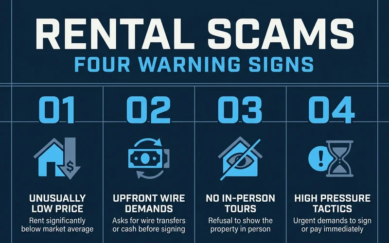 Graphic of four rental scam warning signs