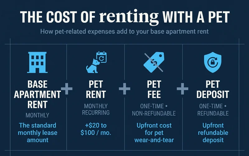 Graphic showing pet rent, fee and deposit added to monthly rent
