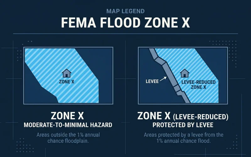 Map legend graphic explaining Zone X and levee-reduced Zone X